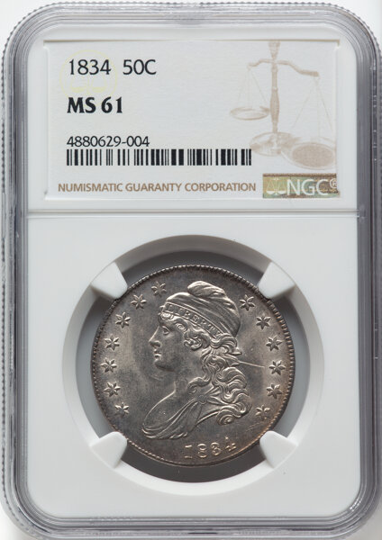 image for: 1834 50C Small Date, Small Letters, O-111, R.1, MS61 NGC.  Mintage 6,412,004....