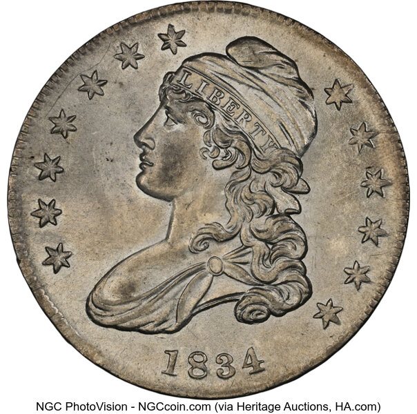 image for: 1834 50C Small Date, Small Letters, O-117, R.2, MS62 NGC.  Mintage 6,412,004....