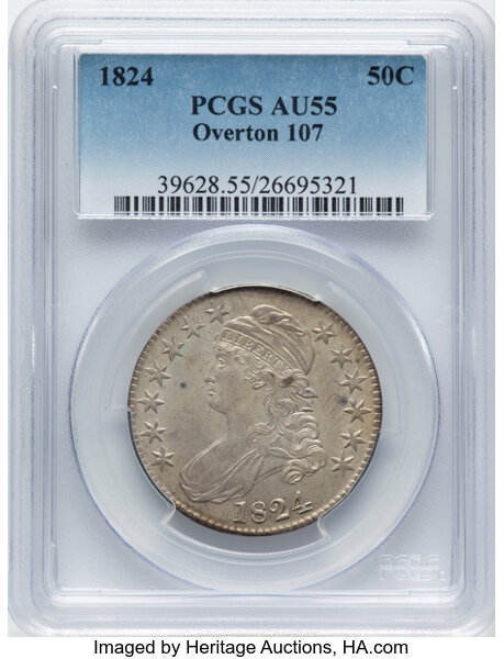 image for: 1824 50C O-107, R.3, AU55 PCGS. PCGS Population: (5/3).  Mintage 3,504,954. Ex: Internet Auction (Heritage, 4/2018), lo...