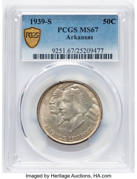 image for: 1939-S Arkansas 50c PCGS MS67