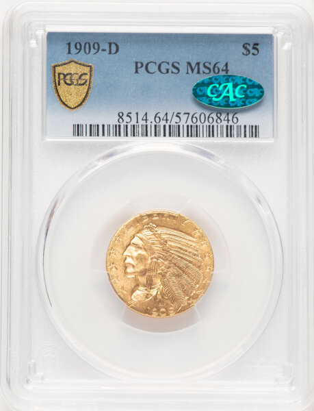 image for: 1909-D $5  PCGS MS64 CAC