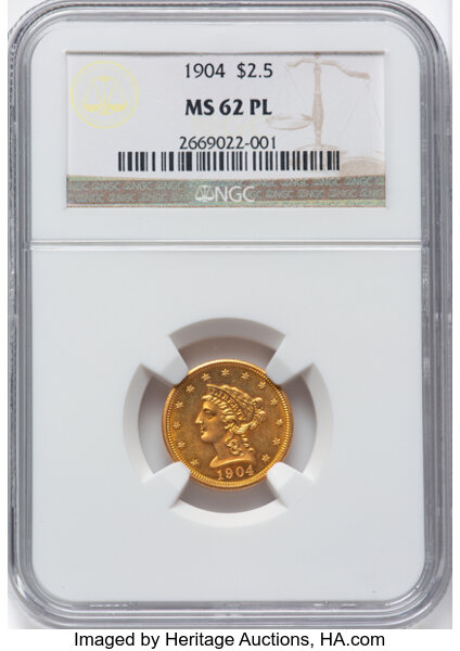 image for: 1904 $2 1/2 MS62 Prooflike NGC. NGC Census: (11/10).  Mintage 160,700. ...