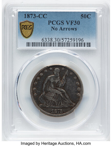 image for: 1873-CC No Arrows 50c PCGS VF30