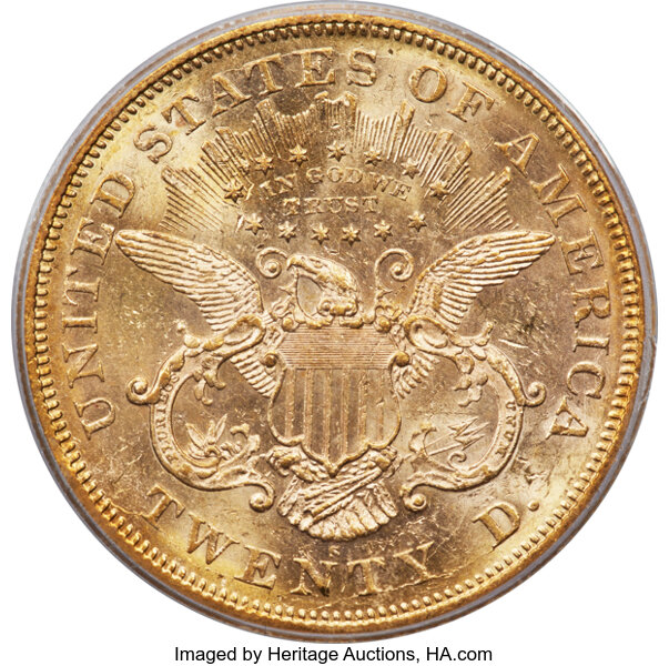 image for: 1874-S $20  PCGS MS61 CAC