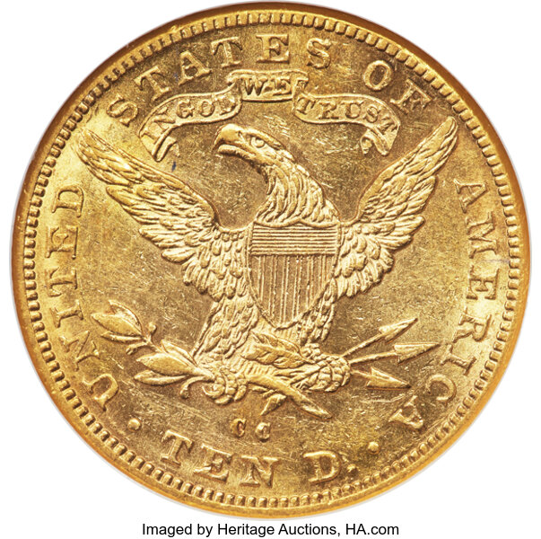 image for: 1891-CC $10  NGC AU55 CAC