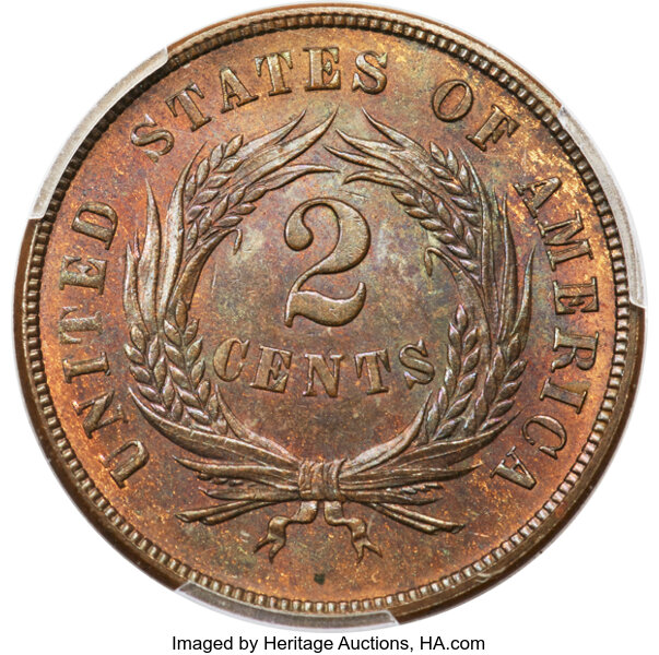 image for: 1867 2C Doubled Die Obverse, FS-101, MS64 Red and Brown PCGS....