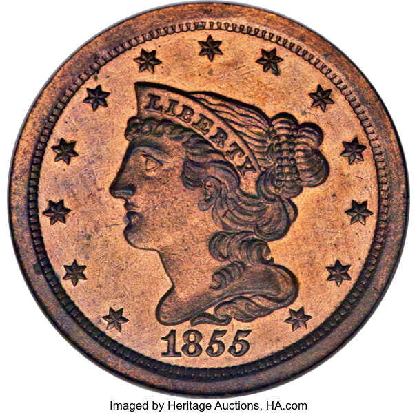 image for: 1855 1/2 C C-1, B-1, R.5 as a Proof, PR65 Red and Brown NGC....