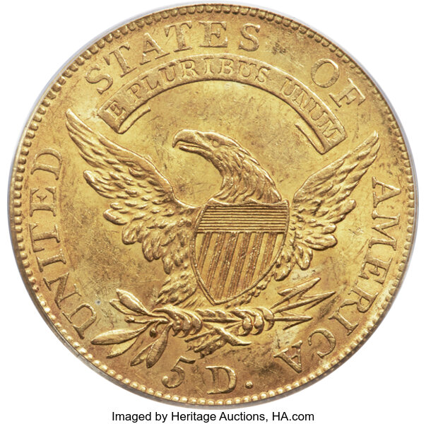 image for: 1808 $5 Close 5D, BD-3, R.4, MS62 PCGS....