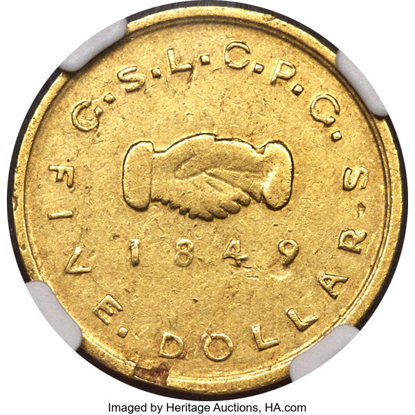 image for: 1849 $5 Mormon Five Dollar AU50 NGC. K-2, R.4....