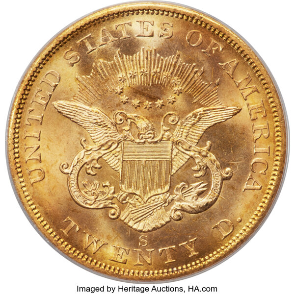 image for: 1857-S Spiked Shield $20  PCGS MS65