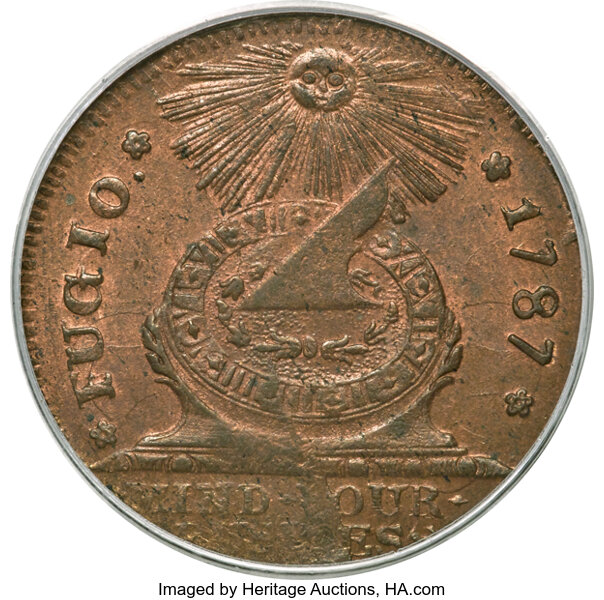 image for: 1787 Fugio Cent, STATES UNITED, 4 Cinquefoils, Pointed Rays, N. 8-X, W-6750, R.3, MS65 Red and Brown PCGS....