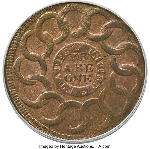 image for: 1787 Fugio Cent, STATES UNITED, 4 Cinquefoils, Pointed Rays, N. 8-X, W-6750, R.3, MS65 Red and Brown PCGS....