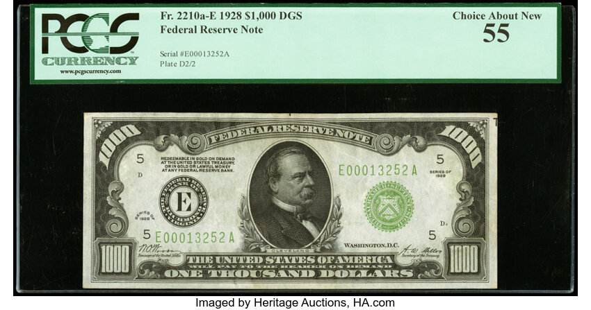 image for: Fr. 2210-E $1,000 1928 Federal Reserve Note. PCGS Choice About New 55....