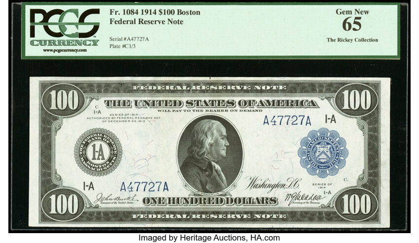image for: Fr. 1084 $100 1914 Federal Reserve Note PCGS Gem New 65....