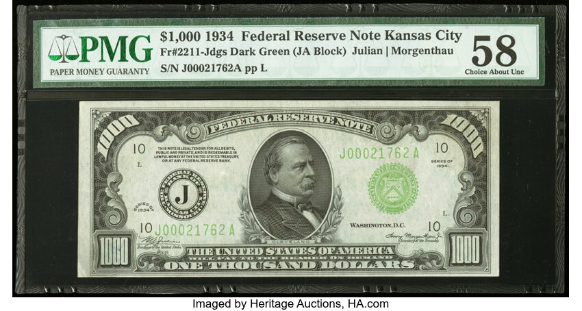 image for: Fr. 2211-J $1,000 1934 Dark Green Seal Federal Reserve Note. PMG Choice About Unc 58....