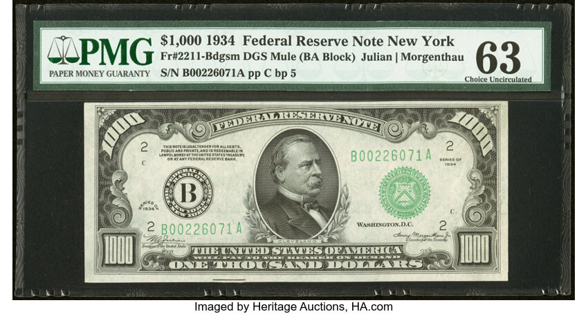 image for: Fr. 2211-B $1,000 1934 Mule Federal Reserve Note. PMG Choice Uncirculated 63....