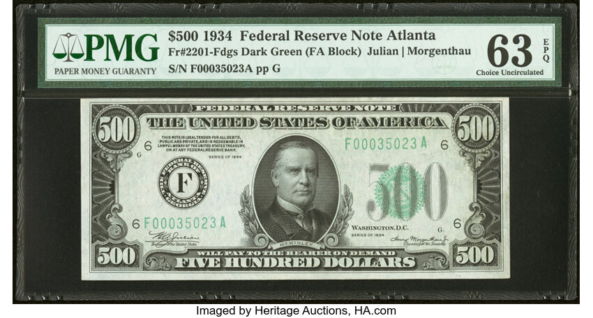 image for: Fr. 2201-F $500 1934 Dark Green Seal Federal Reserve Note. PMG Choice Uncirculated 63 EPQ....