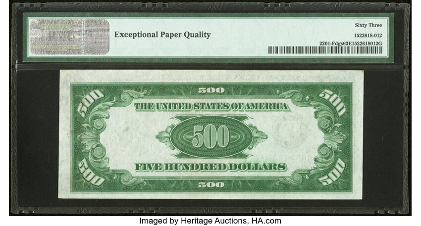 image for: Fr. 2201-F $500 1934 Dark Green Seal Federal Reserve Note. PMG Choice Uncirculated 63 EPQ....
