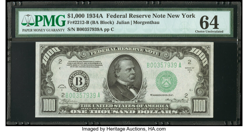 image for: Fr. 2212-B $1,000 1934A Federal Reserve Note. PMG Choice Uncirculated 64....