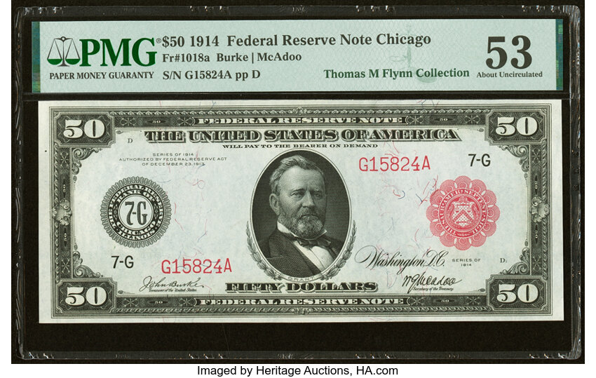 image for: Fr. 1018a $50 1914 Red Seal Federal Reserve Note PMG About Uncirculated 53....
