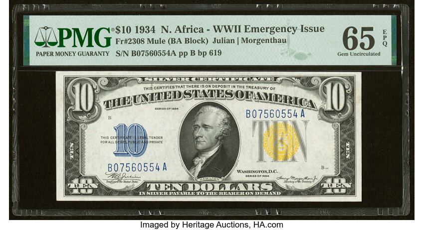 image for: Fr. 2308 $10 1934 Mule North Africa Silver Certificate. PMG Gem Uncirculated 65 EPQ....
