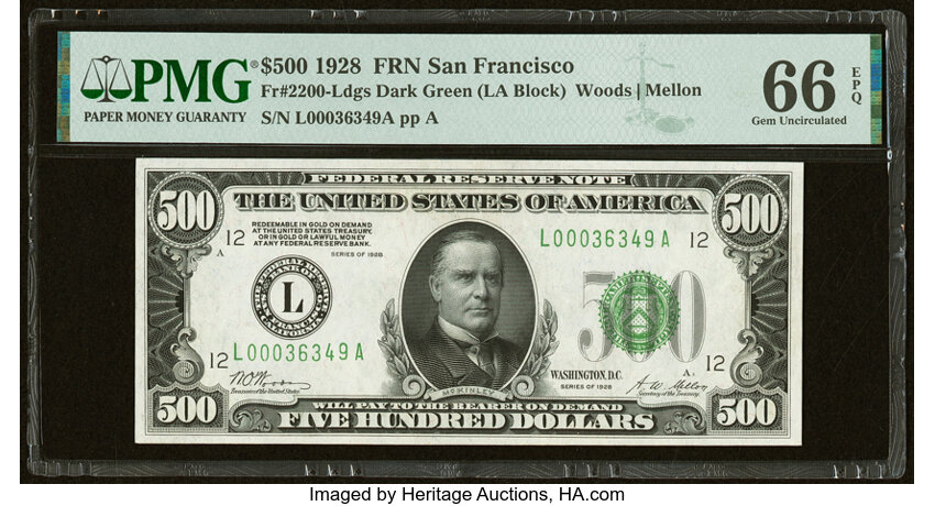 image for: Fr. 2200-L $500 1928 Federal Reserve Note. PMG Gem Uncirculated 66 EPQ....