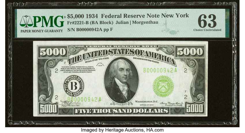 image for: Fr. 2221-B $5,000 1934 Federal Reserve Note. PMG Choice Uncirculated 63....