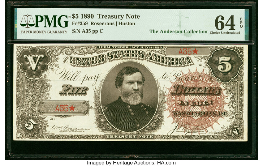 image for: Low Serial Number A35 Fr. 359 $5 1890 Treasury Note PMG Choice Uncirculated 64 EPQ....