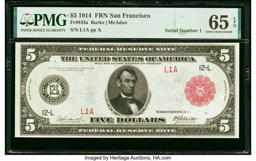 image for: Serial Number 1 Fr. 843a $5 1914 Red Seal Federal Reserve Note PMG Gem Uncirculated 65 EPQ....