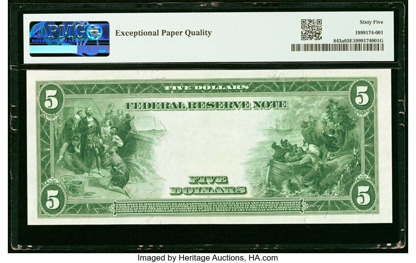 image for: Serial Number 1 Fr. 843a $5 1914 Red Seal Federal Reserve Note PMG Gem Uncirculated 65 EPQ....