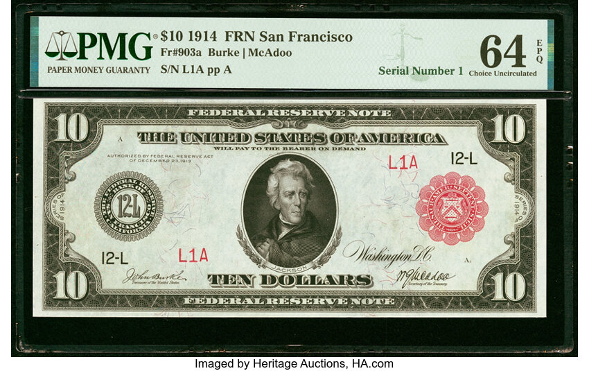 image for: Serial Number 1 Fr. 903a $10 1914 Red Seal Federal Reserve Note PMG Choice Uncirculated 64 EPQ....
