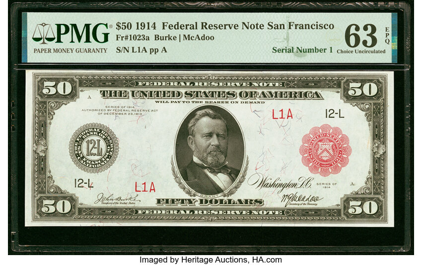 image for: Serial Number 1 Fr. 1023a $50 1914 Red Seal Federal Reserve Note PMG Choice Uncirculated 63 EPQ....