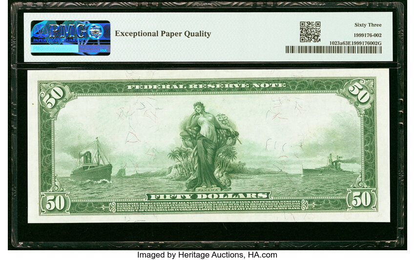 image for: Serial Number 1 Fr. 1023a $50 1914 Red Seal Federal Reserve Note PMG Choice Uncirculated 63 EPQ....