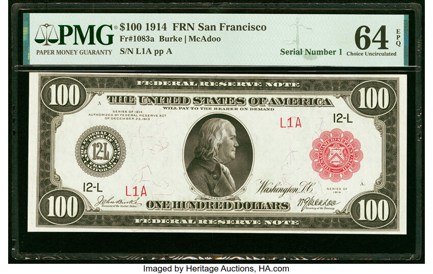 image for: Serial Number 1 Fr. 1083a $100 1914 Red Seal Federal Reserve Note PMG Choice Uncirculated 64 EPQ....