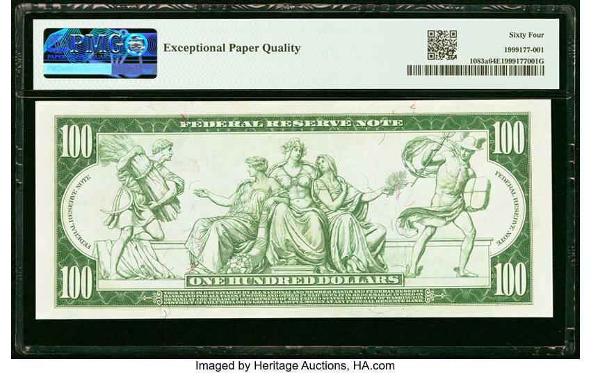 image for: Serial Number 1 Fr. 1083a $100 1914 Red Seal Federal Reserve Note PMG Choice Uncirculated 64 EPQ....