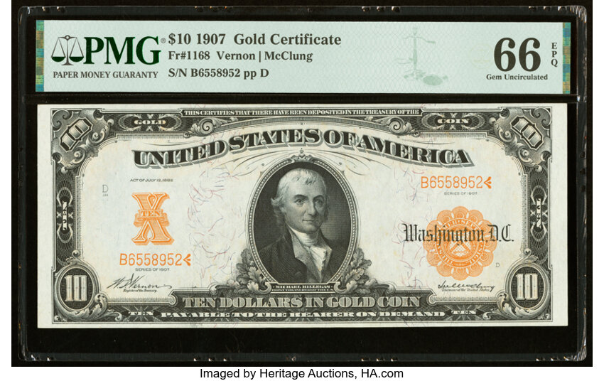image for: Fr. 1168 $10 1907 Gold Certificate PMG Gem Uncirculated 66 EPQ....