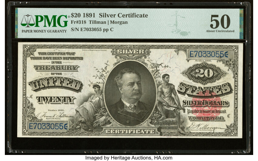image for: Fr. 318 $20 1891 Silver Certificate PMG About Uncirculated 50....