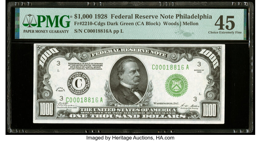image for: Fr. 2210-C $1,000 1928 Federal Reserve Note. PMG Choice Extremely Fine 45....