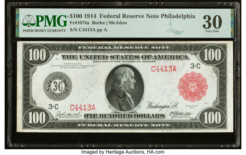 image for: Fr. 1074a $100 1914 Red Seal Federal Reserve Note PMG Very Fine 30....