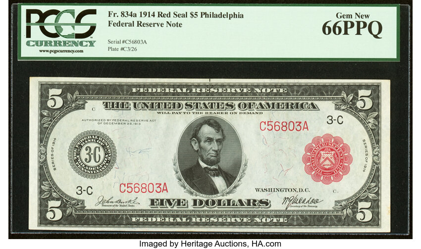 image for: Fr. 834a $5 1914 Red Seal Federal Reserve Note PCGS Gem New 66PPQ....