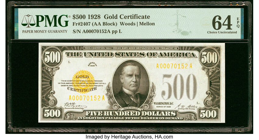 image for: Fr. 2407 $500 1928 Gold Certificate. PMG Choice Uncirculated 64 EPQ....