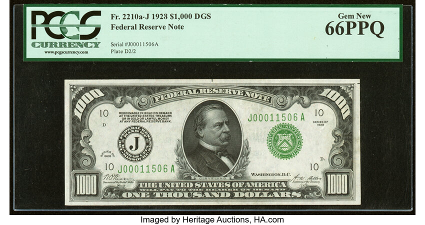image for: Fr. 2210-J $1,000 1928 Federal Reserve Note. PCGS Gem New 66PPQ....