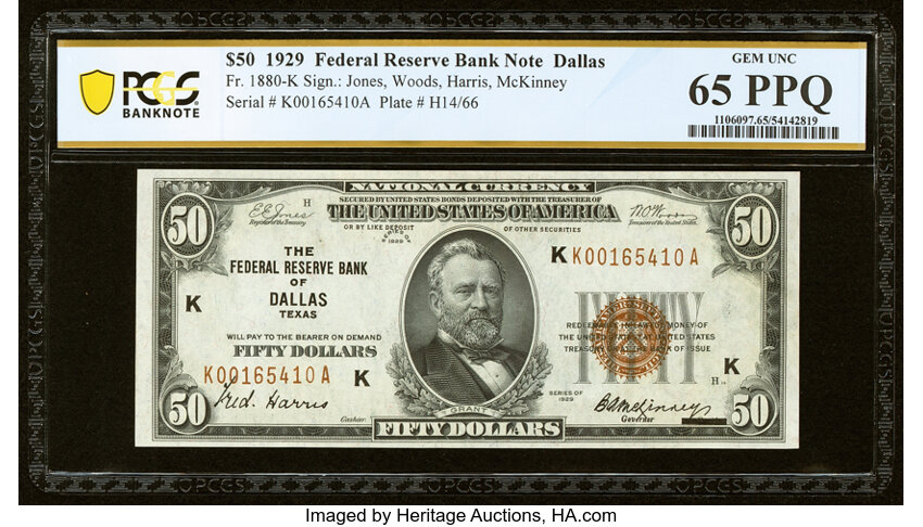image for: Fr. 1880-K $50 1929 Federal Reserve Bank Note. PCGS Banknote Gem Unc 65 PPQ....