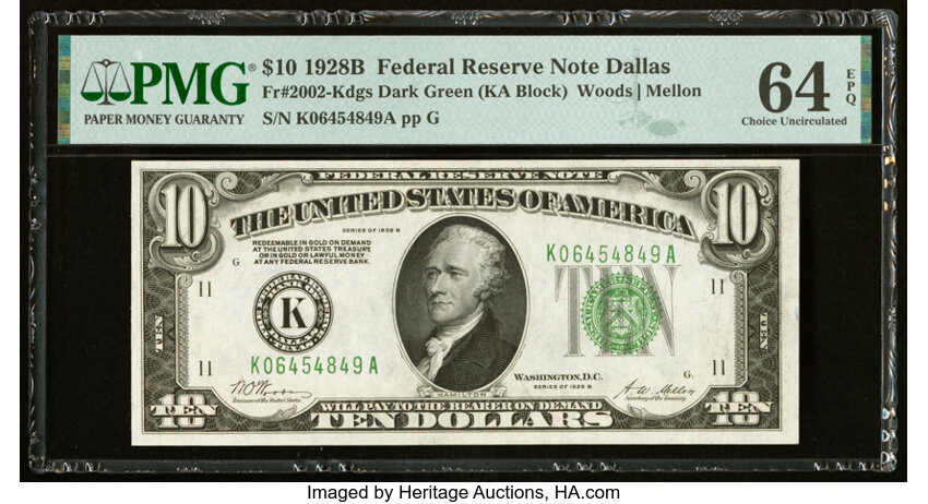 image for: Fr. 2002-K $10 1928B Federal Reserve Note. PMG Choice Uncirculated 64 EPQ....