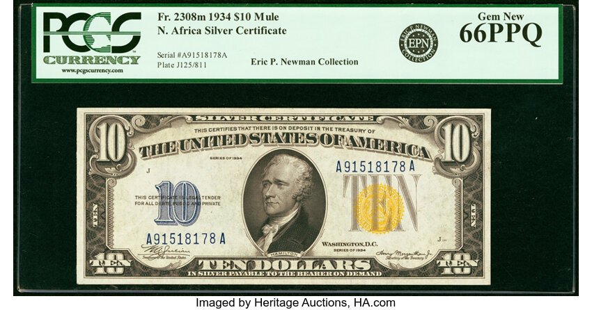 image for: Fr. 2308 $10 1934 Mule North Africa Silver Certificate. PCGS Gem New 66PPQ....