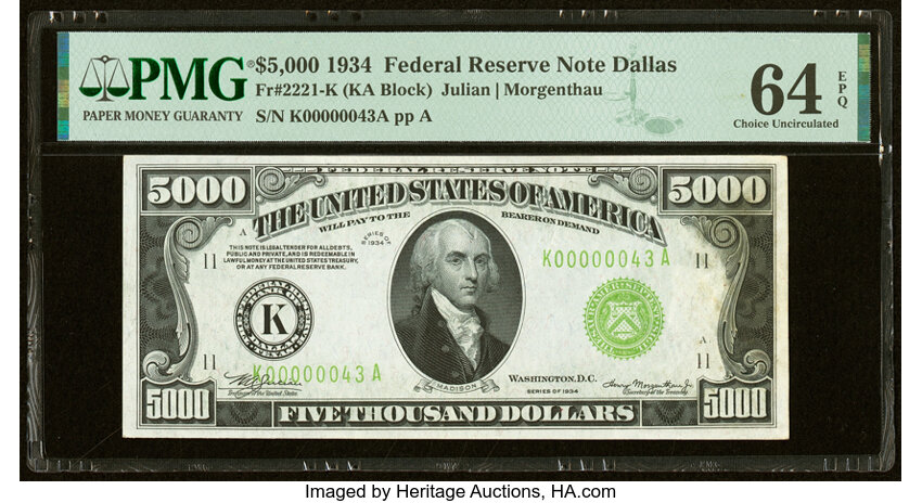 image for: Fr. 2221-K $5,000 1934 Federal Reserve Note. PMG Choice Uncirculated 64 EPQ....