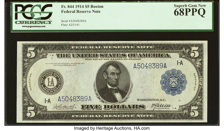 image for: Fr. 844 $5 1914 Federal Reserve Note PCGS Superb Gem New 68PPQ....