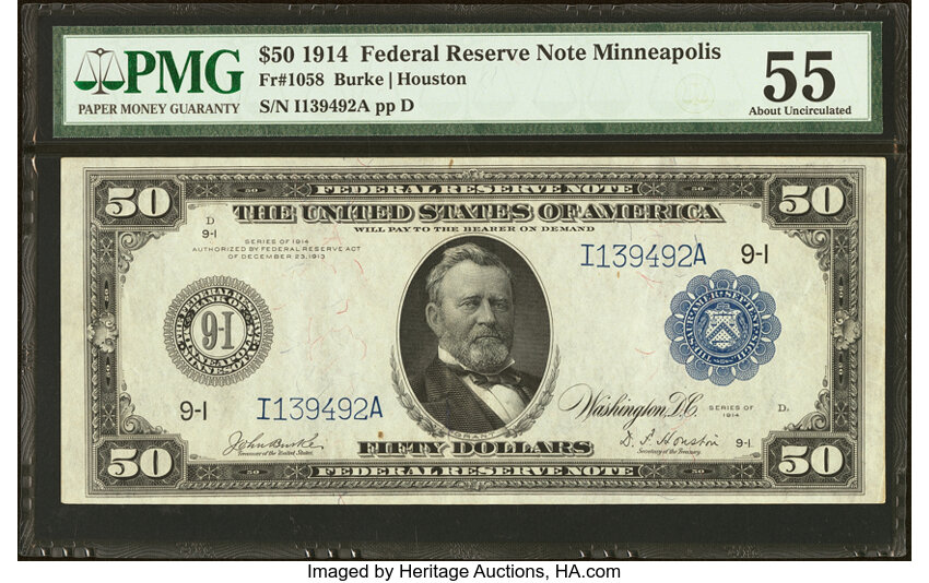 image for: Fr. 1058 $50 1914 Federal Reserve Note PMG About Uncirculated 55....