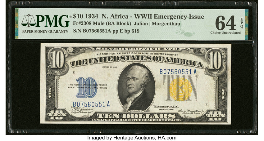 image for: Fr. 2308 $10 1934 Mule North Africa Silver Certificate. PMG Choice Uncirculated 64 EPQ....