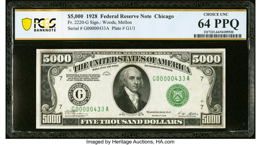 image for: Fr. 2220-G $5,000 1928 Federal Reserve Note. PCGS Banknote Choice Unc 64 PPQ....